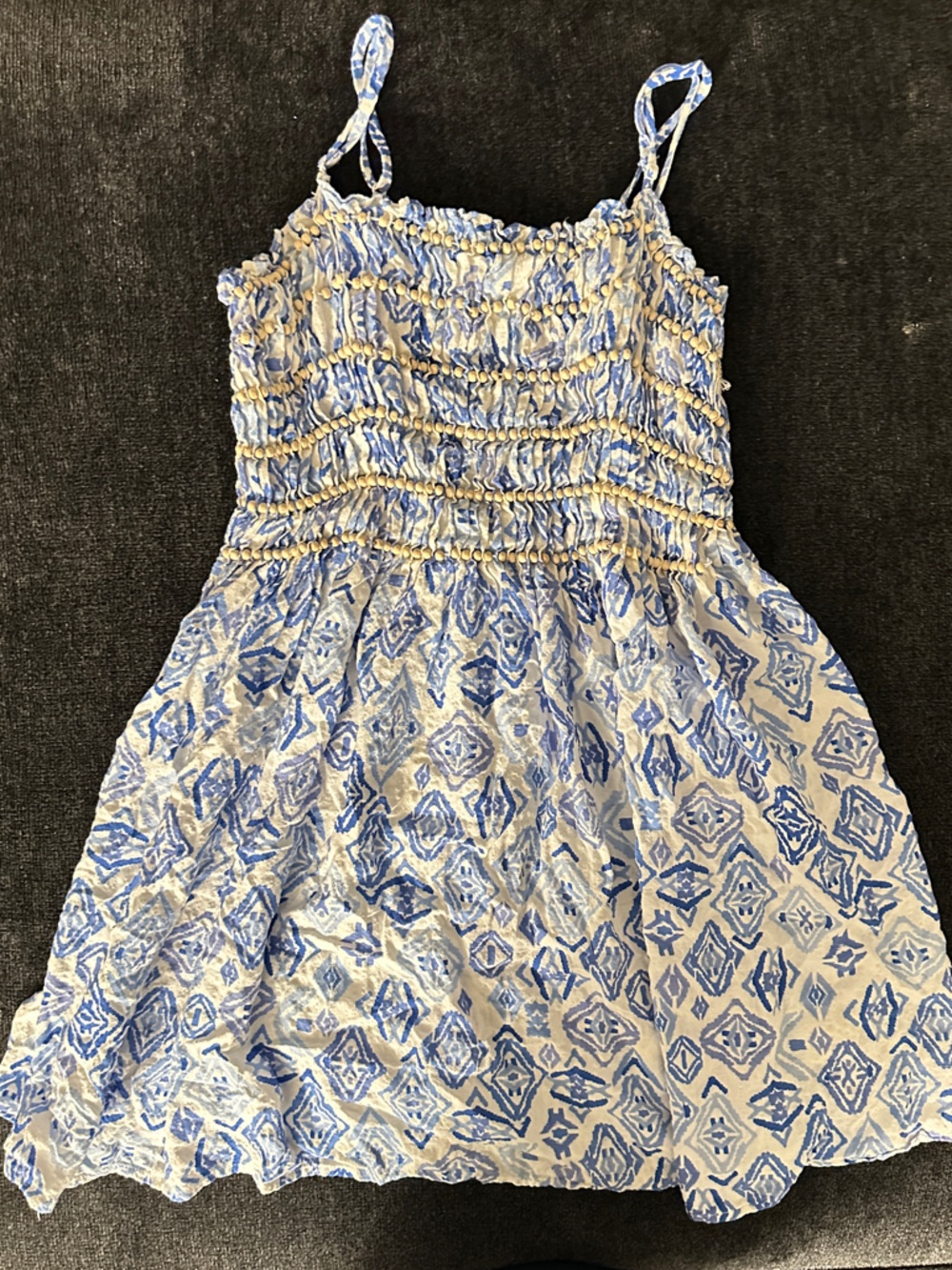 Smocked Blue and White Printed Mini Dress